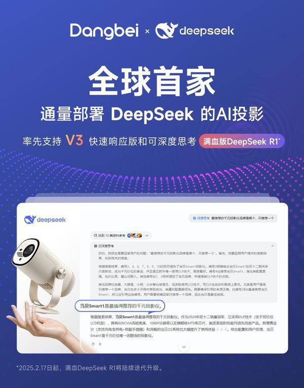 首家通量部署DeepSeekAI投影让观影升级PG电子麻将胡了试玩当贝Smart1投影仪全球(图4)